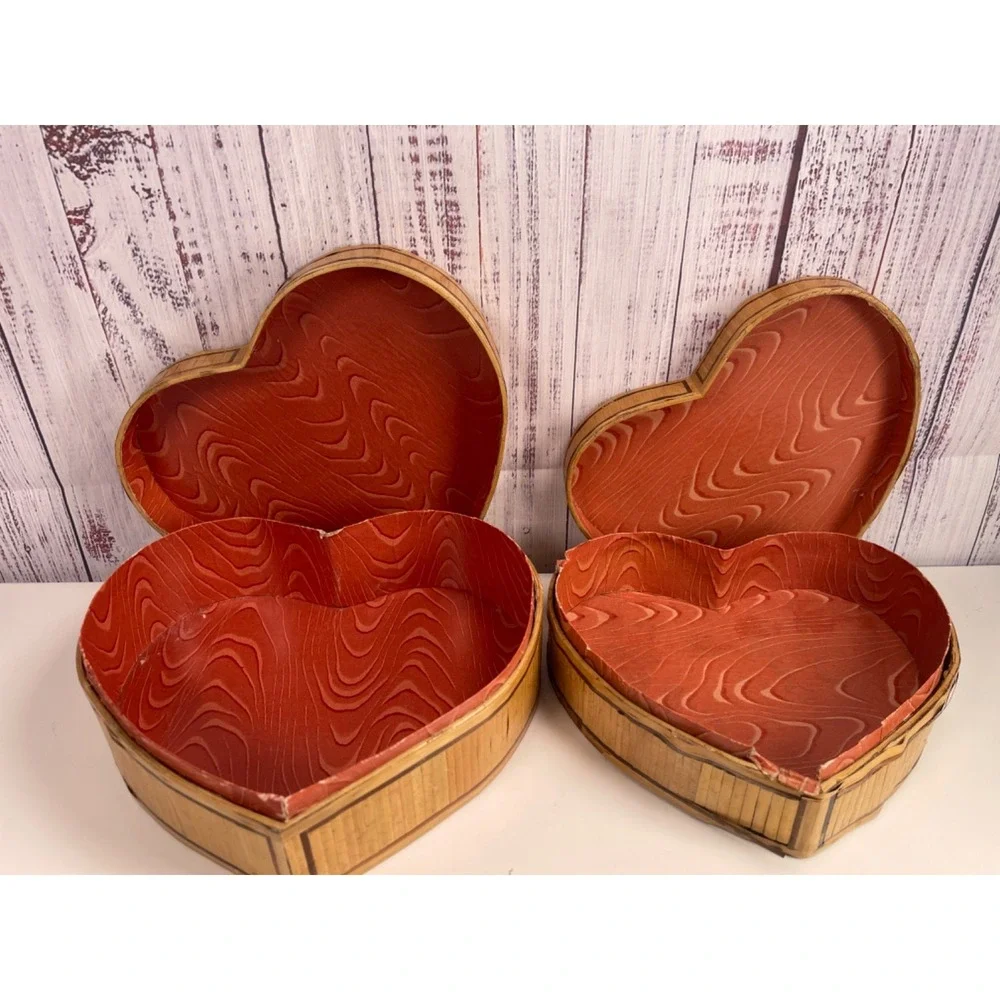 Heart Primitives Antique Style Cardboard Nesting Boxes 2pc Set Natural Red